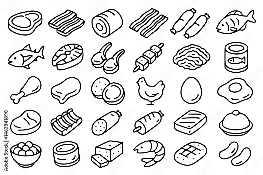 Meat product line icon set. Vector pictograms of kebab, shashlik, ground beef, tartare, carpaccio, patty, pie, casserole, thin linear illustration. Meat product line icon set. Vector pictograms of kebab, shashlik, ground beef, tartare, carpaccio, patty, pie, casserole, thin linear illustration.