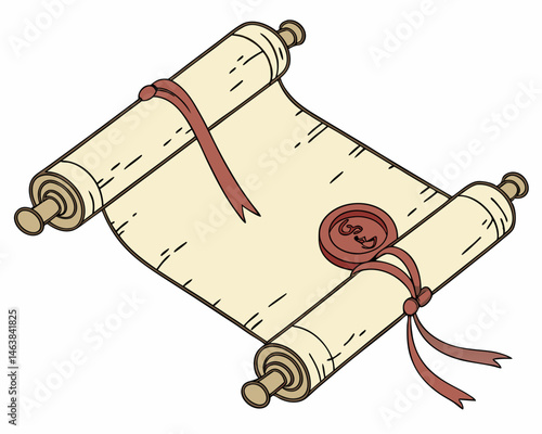 Old Scroll With Wax Seal and Ribbon Tied at Each End Depicting Ancient Manuscript in a Simple Decorative Style