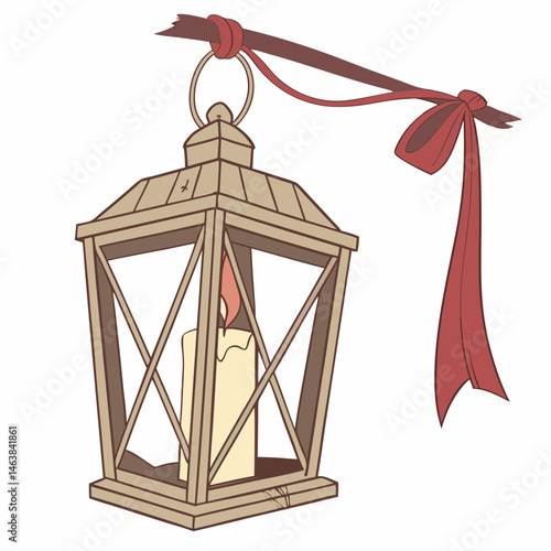 Rustic Lantern With Candle Hanging From a Ribbon in Warm Light Setting