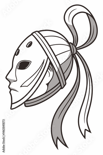 Detailed Illustration of a Traditional Mask With a Bow Tied at the Side, Capturing Intricate Designs and Cultural Significance