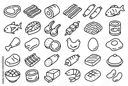 Meat product line icon set. Vector pictograms of kebab, shashlik, ground beef, tartare, carpaccio, patty, pie, casserole, thin linear illustration.