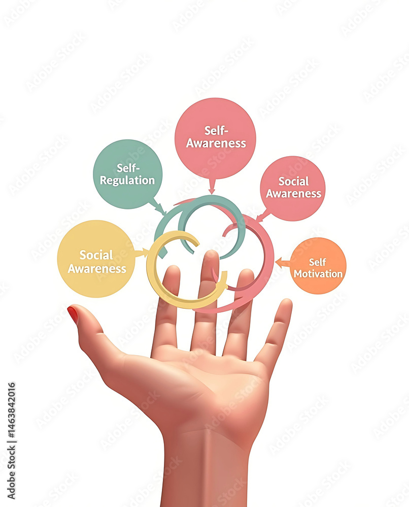 Illustrated Hand Holding Emotional Intelligence Components – Conceptual Infographic Illustrated Hand Holding Emotional Intelligence Components – Conceptual Infographic