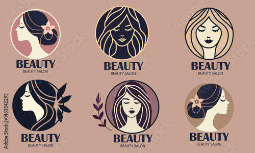 Illustration with elegant logos for beauty salons. Six female silhouettes with various hairstyles and decorative elements such as flowers and leaves. 
