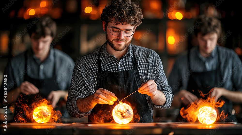 Young man with curly hair and glasses in checkered shirt and apron skillfully shaping molten glass in warm, glowing workshop, focused and creative atmosphere