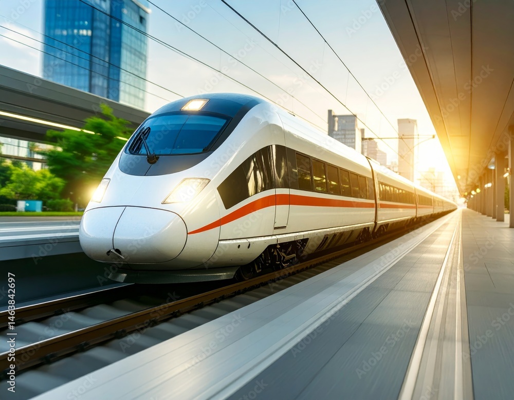 Fototapeta premium Dynamic Motion of a Bright Modern Train Captured in Fast-Paced Urban Environment