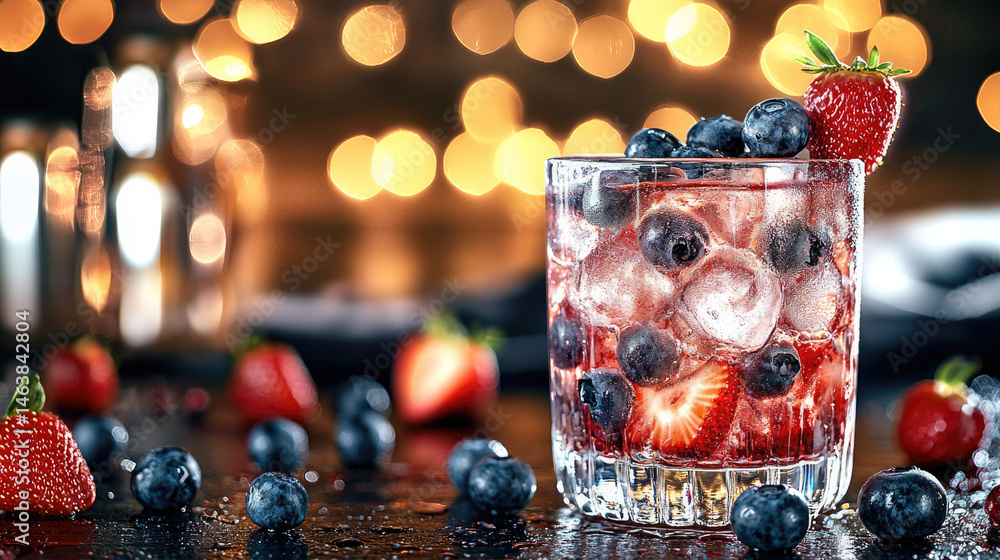 Colorful berry punch with ice, fresh blueberries, strawberries, and sparkling water in clear glass, festive bokeh lights in background, refreshing and vibrant drink