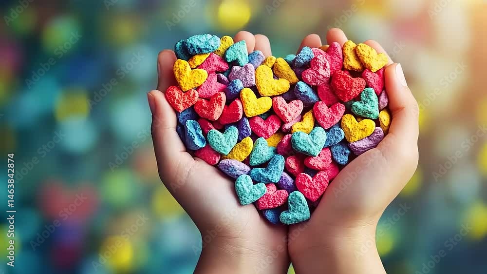 A Multitude of Colorful Heart-Shaped Candies held in Child's Hands Creating a Heart A Multitude of Colorful Heart-Shaped Candies held in Child's Hands Creating a Heart