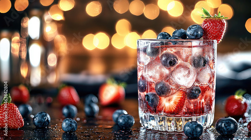 Obraz na płótnie Colorful berry punch with ice, fresh blueberries, strawberries, and sparkling water in clear glass, festive bokeh lights in background, refreshing and vibrant drink w salonie