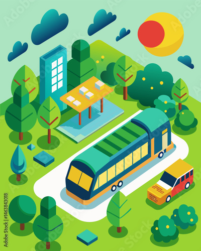 The solarpowered bus depot is aptly located near a large park with its green initiatives promoting a cleaner and greener future for the community.. Vector illustration