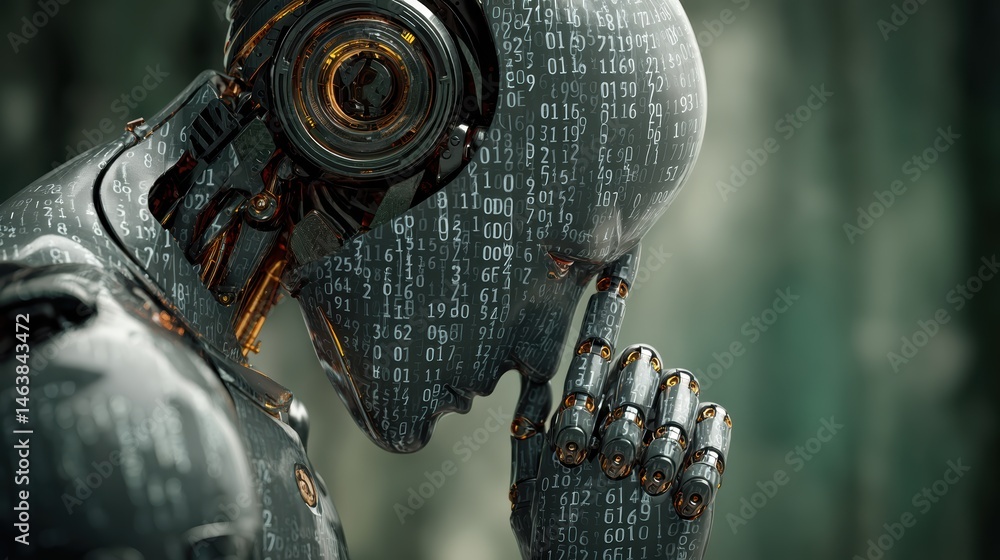 Fototapeta premium AI concept art showing smart robot with data code matrix in background