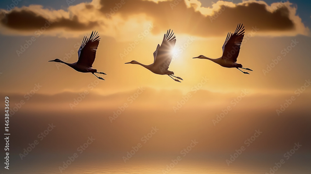 Three cranes flying gracefully in golden sky at sunset, side view, with dramatic clouds and sunlight creating peaceful and serene atmosphere over calm water