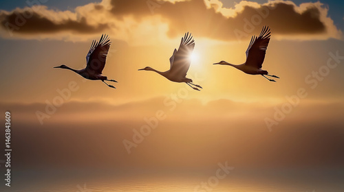 Obraz na płótnie Three cranes flying gracefully in golden sky at sunset, side view, with dramatic clouds and sunlight creating peaceful and serene atmosphere over calm water w salonie