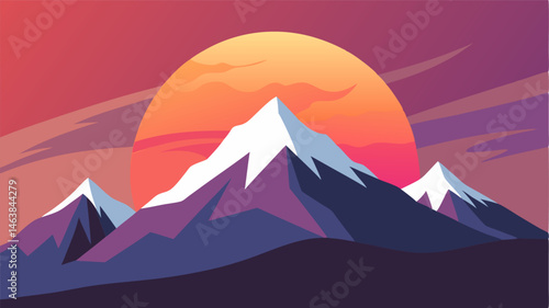The sun sets behind Snowy Ridge casting a pink and orange glow over its snowy slopes.