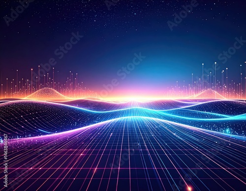 A vibrant, digital landscape features glowing waves of light under a starry sky, merging technology with artistic flair