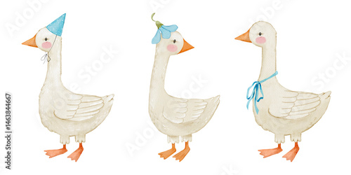Goose in festive hat watercolor clipart