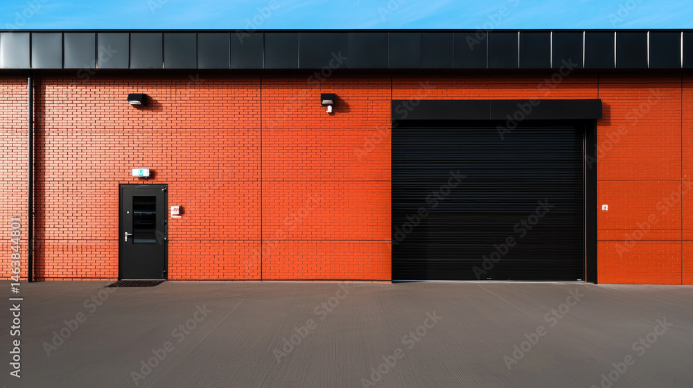 Modern industrial building with red brick wall, black metal door, and large black garage door under blue sky, minimalistic urban architecture, calm and clean atmosphere