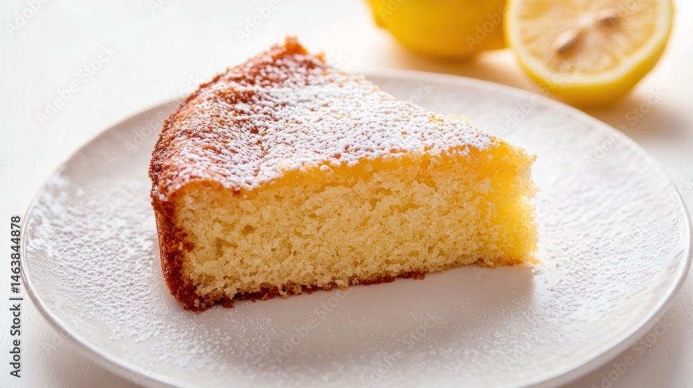 A piece of dairy-free lemon cake on a white background A piece of dairy-free lemon cake on a white background
