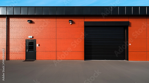 Obraz na płótnie Modern industrial building with red brick wall, black metal door, and large black garage door under blue sky, minimalistic urban architecture, calm and clean atmosphere w salonie