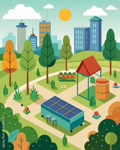 An urban farm in the park kept alive by solarpowered irrigation systems and composting machines.. Vector illustration