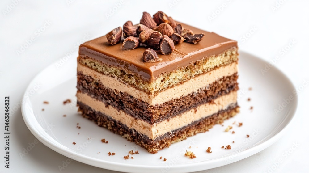 A piece of hazelnut cake with layers of praline cream on a white background A piece of hazelnut cake with layers of praline cream on a white background