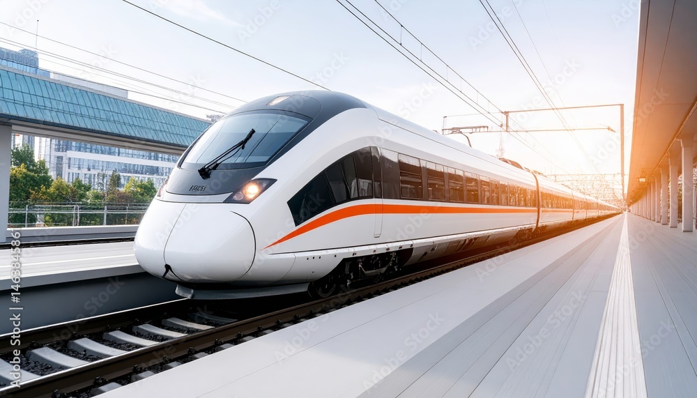 Fototapeta premium Dynamic Motion of a Bright Modern Train Captured in Fast-Paced Urban Environment