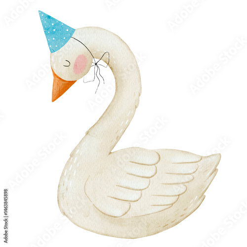 Goose in festive hat watercolor illustration