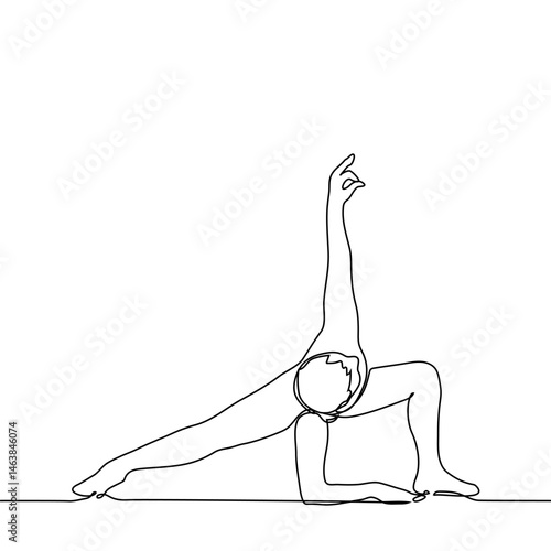 man in pose of yoga or Pi leg extended, second bent at knee with one hand he rests on the floor with forearm, other hand he raised up - one line art vector. concept training, stretching, yoga, pilates