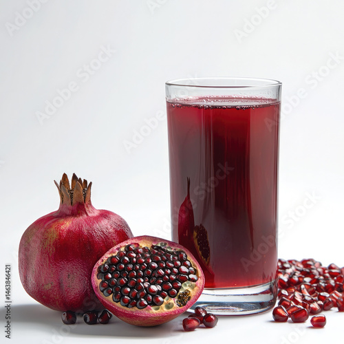 Pomegranate juice glass fruit seed red fresh healthy drink isolated. glass of fresh pomegranate juice with whole and halved pomegranate fruit seeds scattered on white background