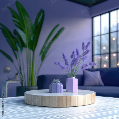 Obraz na płótnie Modern living room with purple decor, lavender flowers in vases, and small succulent on round wooden tray, cozy atmosphere with large plant and window lights w salonie