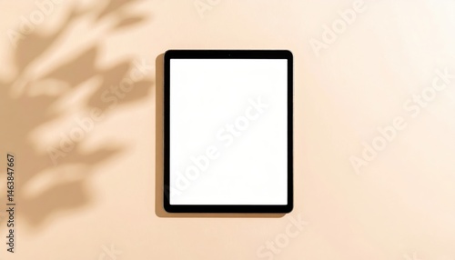 A minimalist tablet lies on a soft surface, casting a gentle shadow, inviting creativity and communication in a serene setting