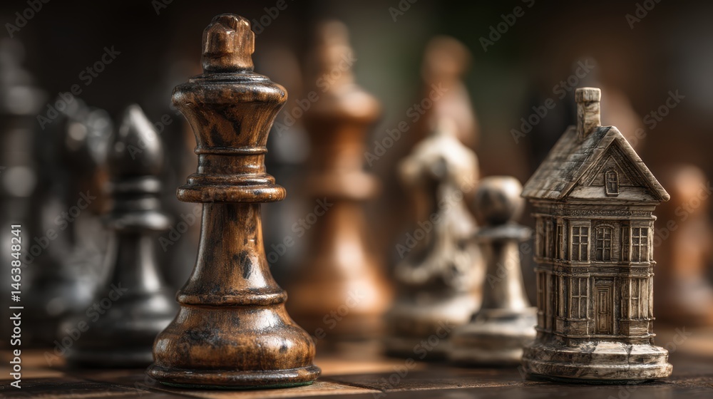 Fototapeta premium Chess game with real estate elements, symbolizing property management strategy
