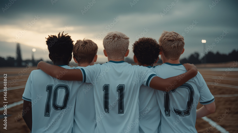 Five young soccer players standing together on field, arms around each other, wearing white jerseys with numbers, showing teamwork and friendship at sunset