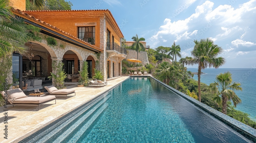 Fototapeta premium Luxury Oceanfront Villa with Infinity Pool in Tropical Paradise