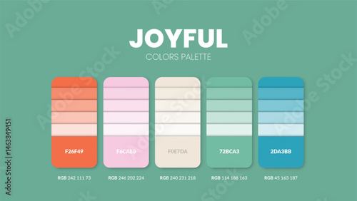 Color palette guide in Joyful vibrant colour theme collections. Color inspiration or chart with codes template. Color combination RGB. Colors swatches for graphic design, art, fashion, web or painting