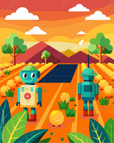 With the help of solarpowered robots the once barren and arid land has been transformed into a lush vibrant farm filled with a diverse array of crops.. Vector illustration