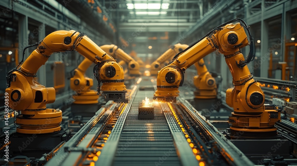 A factory where robotic arms assemble modular block-based constructions A factory where robotic arms assemble modular block-based constructions