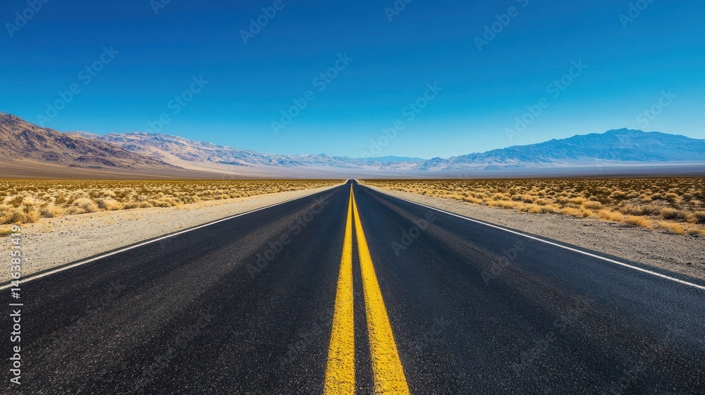 Naklejka premium A long straight highway stretching through the desert under a clear blue sky