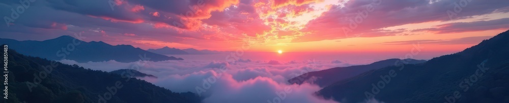 Obraz premium Sunrise paints vibrant cloudscape above misty Lake District valley , light, breathtaking