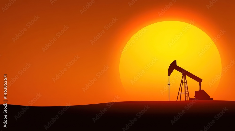 Fototapeta premium Oil pump jack silhouette at sunset energy industry minimalist graphic