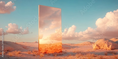 Surreal desert landscape featuring a rectangular mirror reflecting the sky, blending reality with illusion.