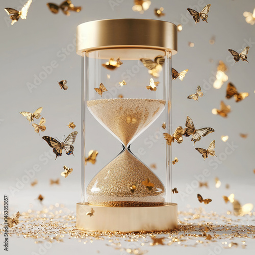 Golden hourglass with flowing sand surrounded by flying golden butterflies, symbolizing passage of time and transformation in dreamy, elegant atmosphere