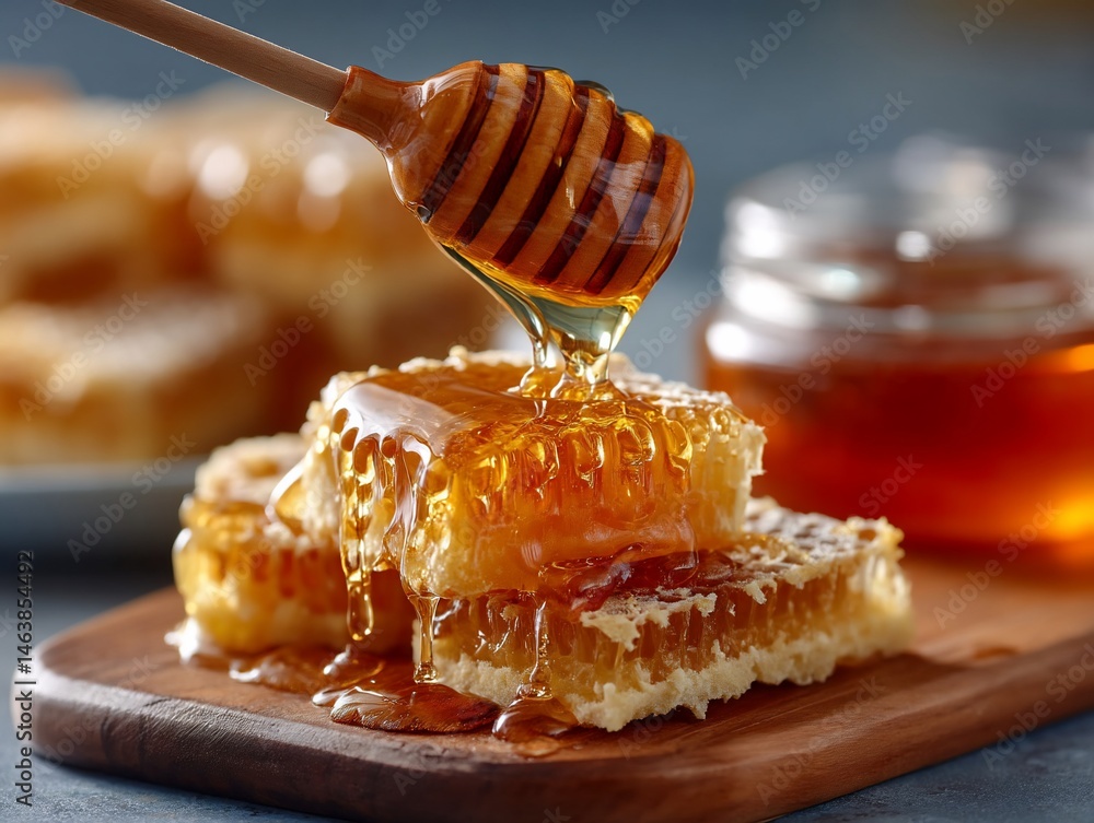 Honeycomb stack dripping golden sweetness on wooden platter Honeycomb stack dripping golden sweetness on wooden platter