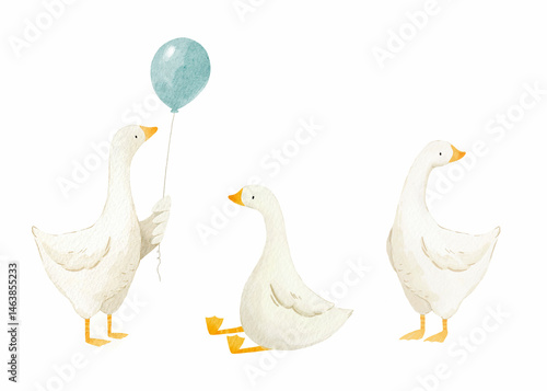 Cute goose. Adorable farm birds in different poses, funny characters. Childish print, kids textile and nursery decor. Stickers set. Watercolor cartoon flat isolated illustration