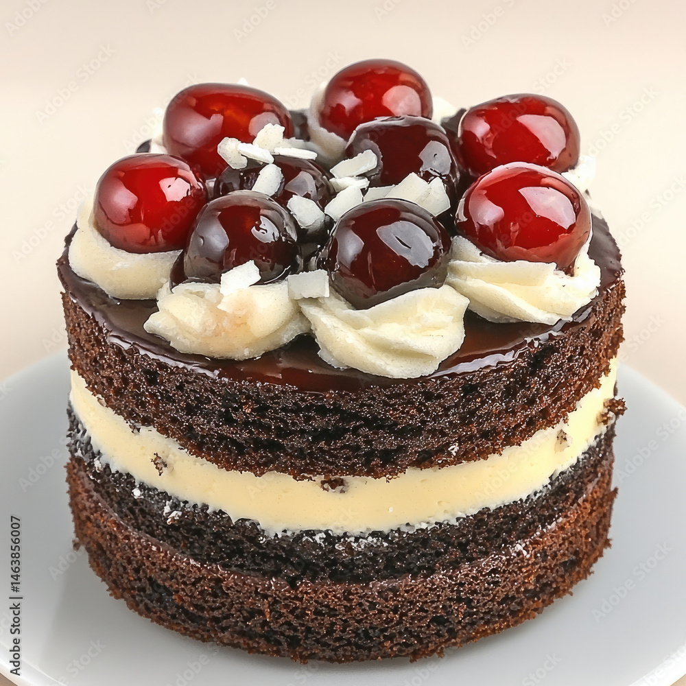Chocolate cake with creamy filling, topped with glossy cherries and coconut flakes, layered and moist, perfect for dessert or celebration, inviting and delicious appearance