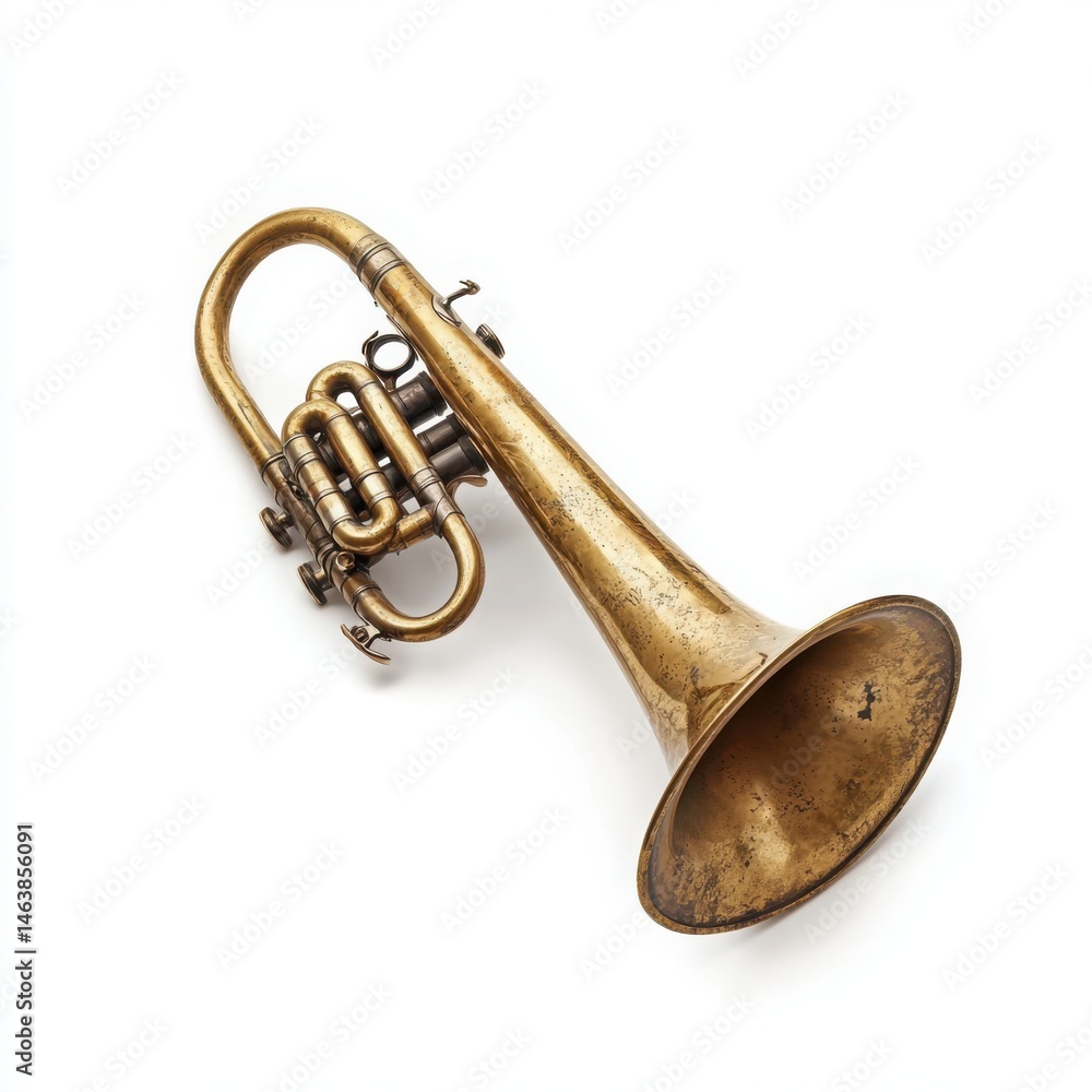 Obraz premium Vintage brass cornet musical instrument isolated on white background