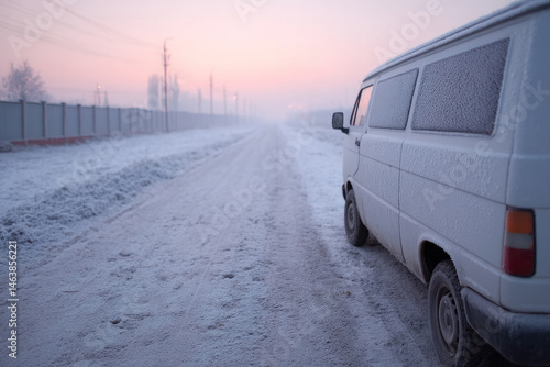 Van encrusted with hoarfrost on a desolate icy road, evoking Yule lore and the eerie calm of permafrost
