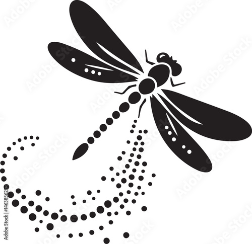 Dragonfly with dotted trail silhouette, symbolizing motion, nature, and freedom. Perfect for dynamic, insect, and flight-themed vector designs.