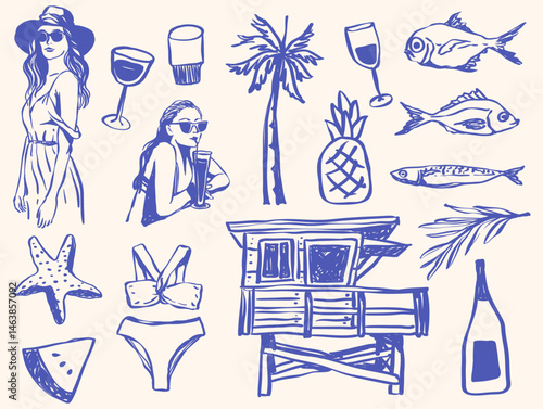 Hand Drawn Beach Summer Vacation in Aesthetic Picnic Fun Holiday Hawaiian and Italia Summer Icon. Palm Tree, Lemon, Umbrella, Hand Drawn Food, and Surfing Girl in Vector Sketch Style