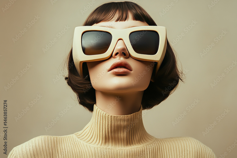 Retro-futuristic flair emanates from a young Caucasian woman's oversized beige glasses, evoking Met Gala elegance and Art Basel mystique Retro-futuristic flair emanates from a young Caucasian woman's oversized beige glasses, evoking Met Gala elegance and Art Basel mystique