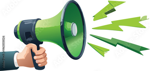 Green megaphone announcement. Support hand with megaphone 3d cartoon.	